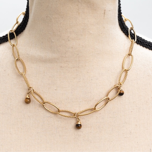 Gold tone large link oval link necklace with delicate brown beads gold tone 18” - Picture 5 of 13